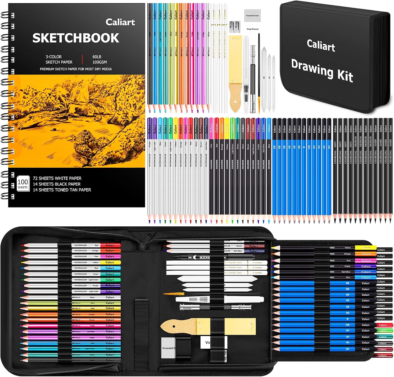 Caliart 176PCS Art Supplies Sketching Kit. 100 Sheets 3-Color Sketch Book | Graphite Colored Charcoal Watercolor & Metallic Pencils. Drawing Supplies Set Gifts for Adults Teens Girls Boys Kids