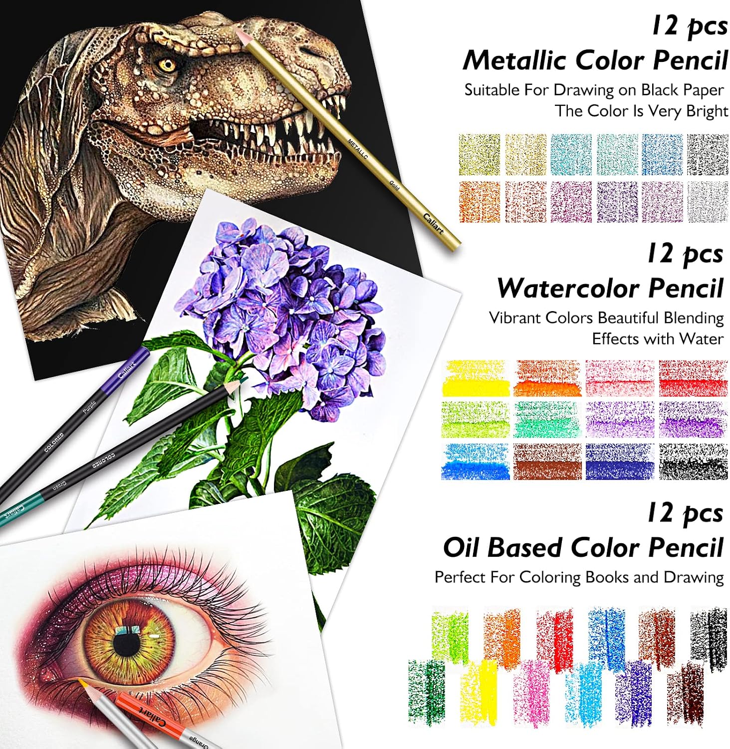 Caliart 176PCS Art Supplies Sketching Kit. 100 Sheets 3-Color Sketch Book | Graphite Colored Charcoal Watercolor & Metallic Pencils. Drawing Supplies Set Gifts for Adults Teens Girls Boys Kids - Image 3